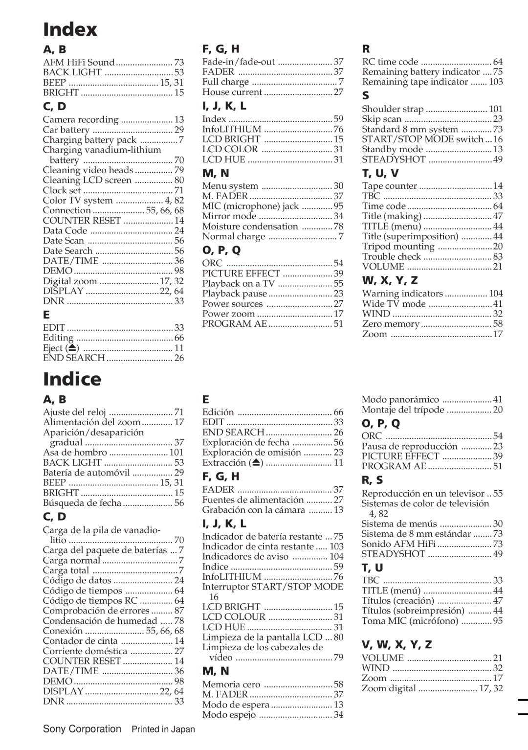 Sony CCD-SC55 operating instructions K, L, X, Y, Z 