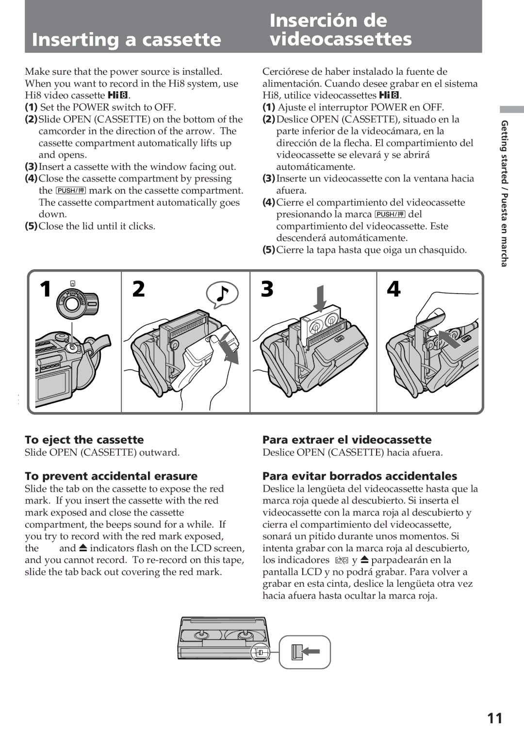 Sony CCD-SC55 operating instructions Inserción de, Inserting a cassette Videocassettes 