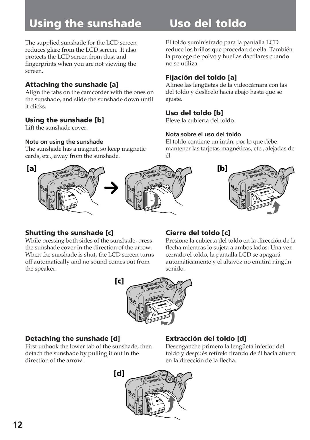 Sony CCD-SC55 operating instructions Using the sunshade Uso del toldo 