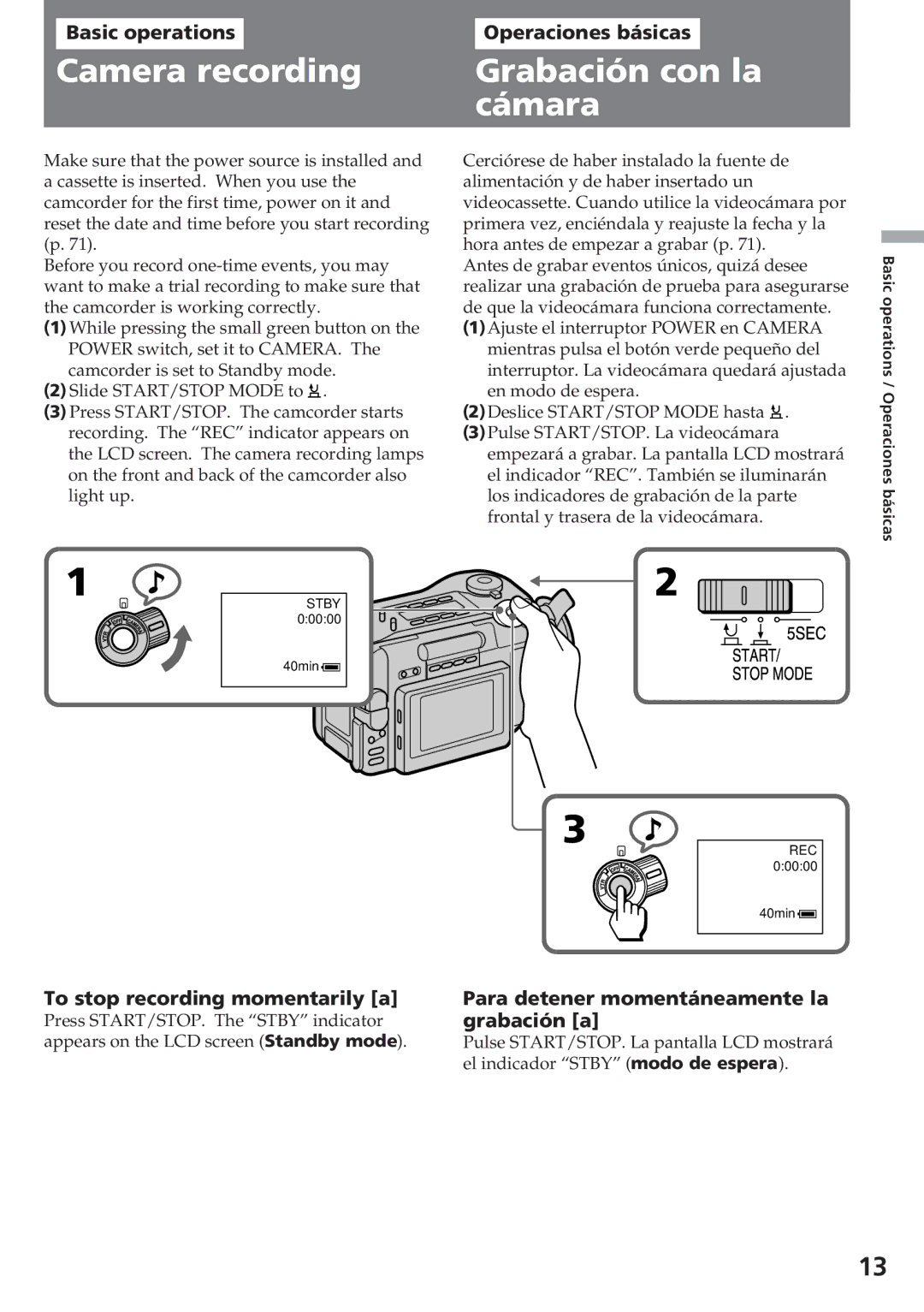 Sony CCD-SC55 operating instructions Camera recording, Grabación con la cámara 