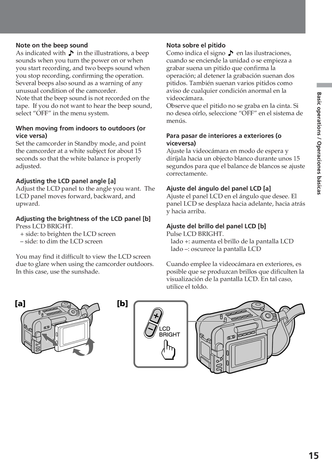 Sony CCD-SC55 When moving from indoors to outdoors or vice versa, Adjusting the LCD panel angle a, Nota sobre el pitido 