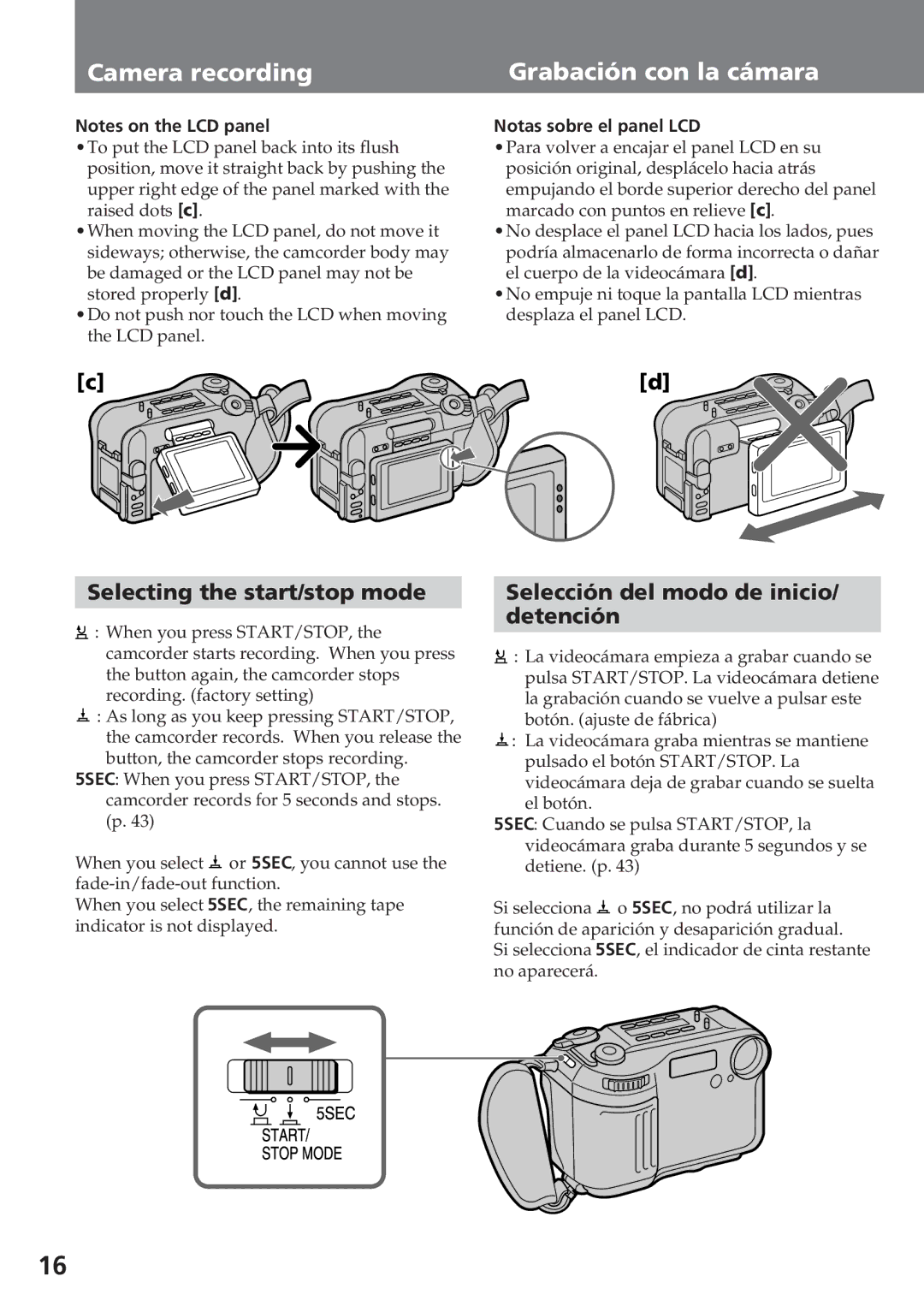 Sony CCD-SC55 Camera recording Grabación con la cámara, Selecting the start/stop mode, Notas sobre el panel LCD 