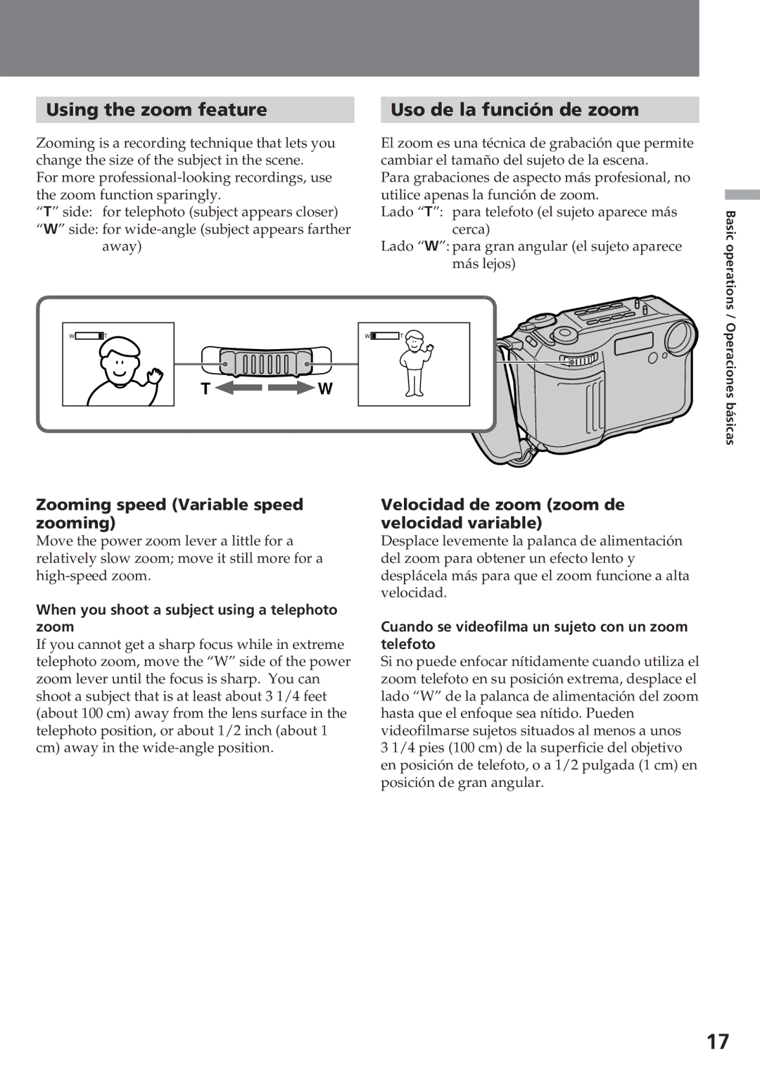 Sony CCD-SC55 operating instructions Using the zoom feature Uso de la función de zoom, Zooming speed Variable speed zooming 