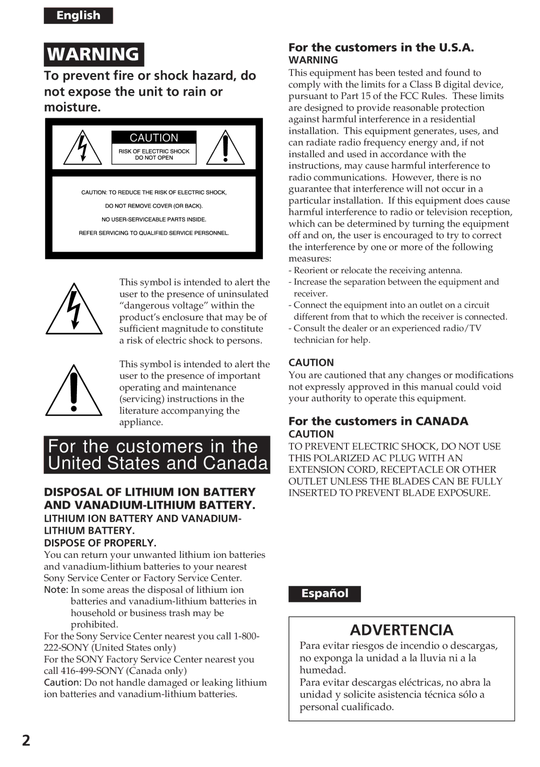 Sony CCD-SC55 operating instructions For the customers in the U.S.A, For the customers in Canada 