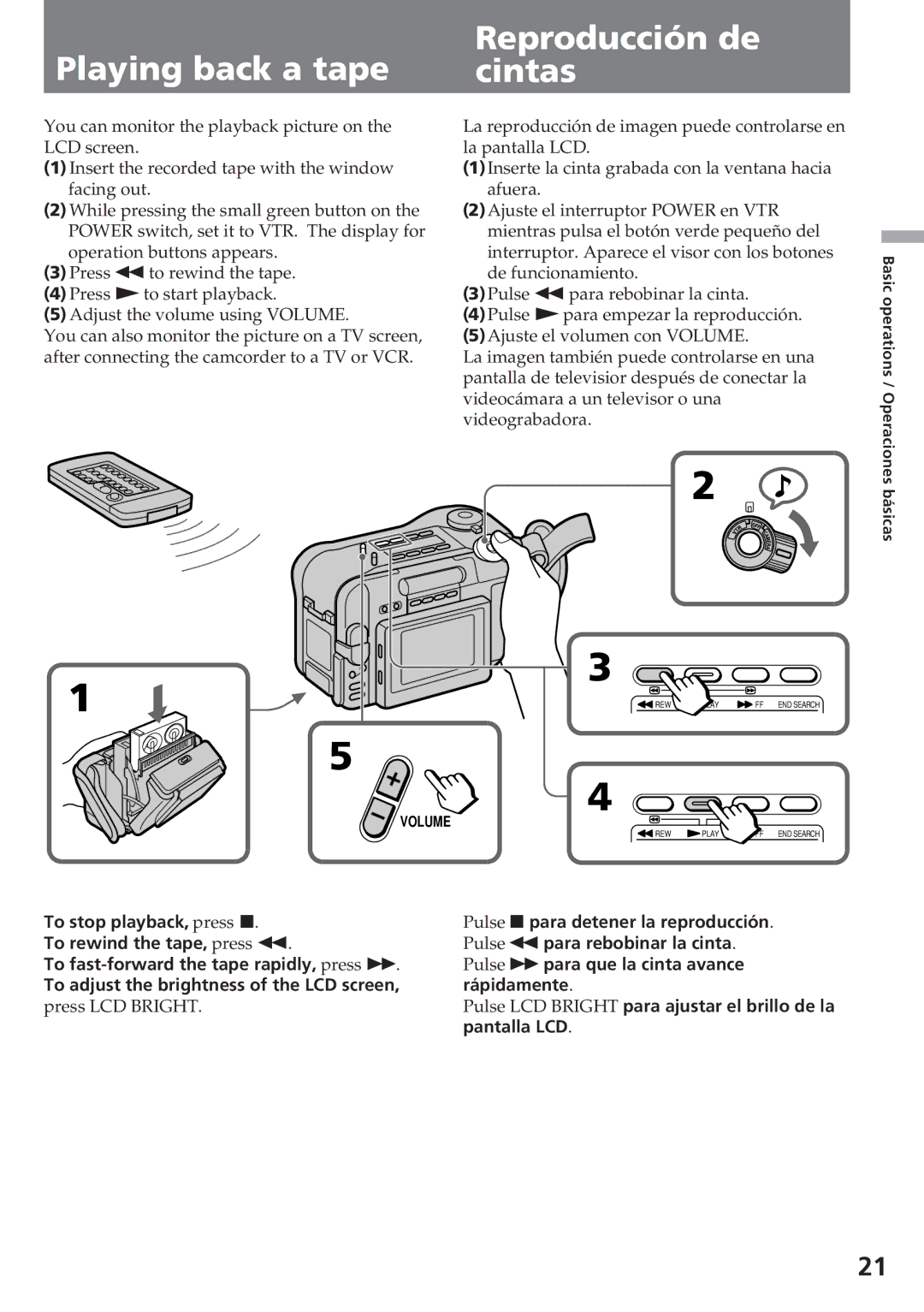 Sony CCD-SC55 operating instructions Playing back a tape, Reproducción de cintas, Pantalla LCD 