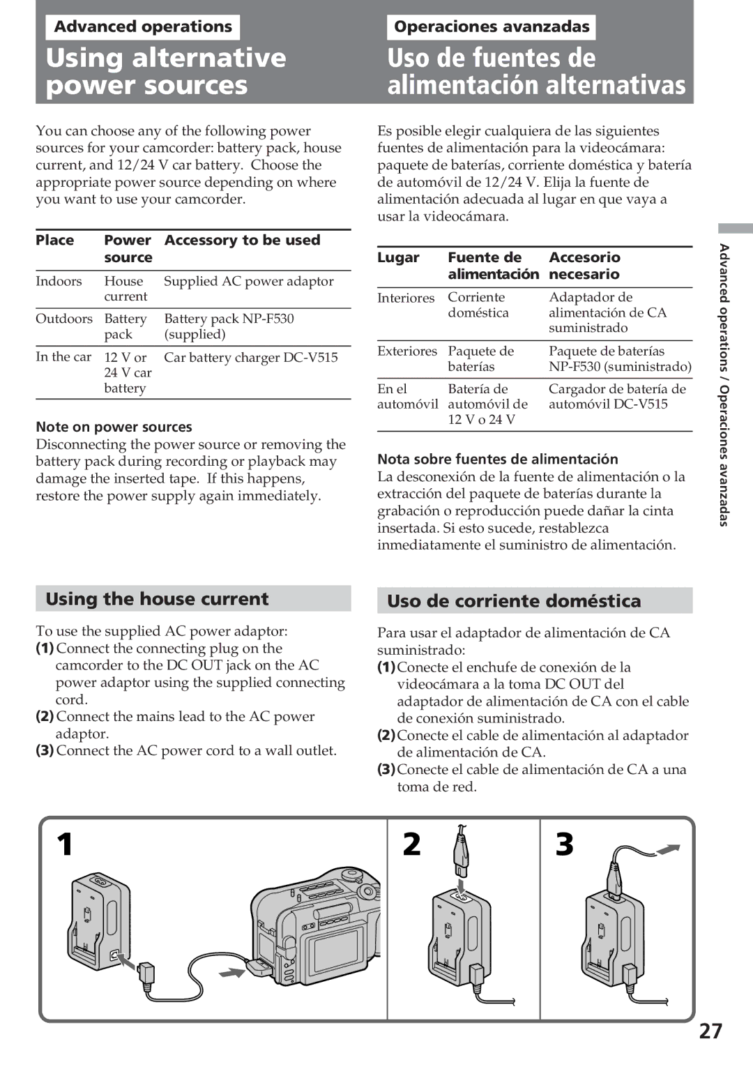 Sony CCD-SC55 Using alternative Uso de fuentes de Power sources, Using the house current, Uso de corriente doméstica 