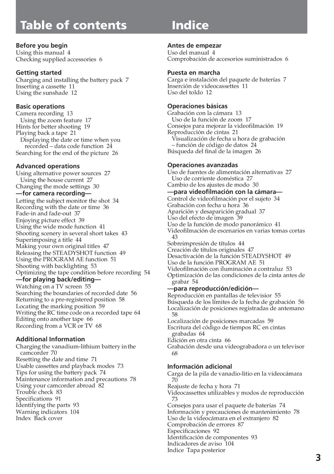 Sony CCD-SC55 operating instructions Table of contents, Indice 