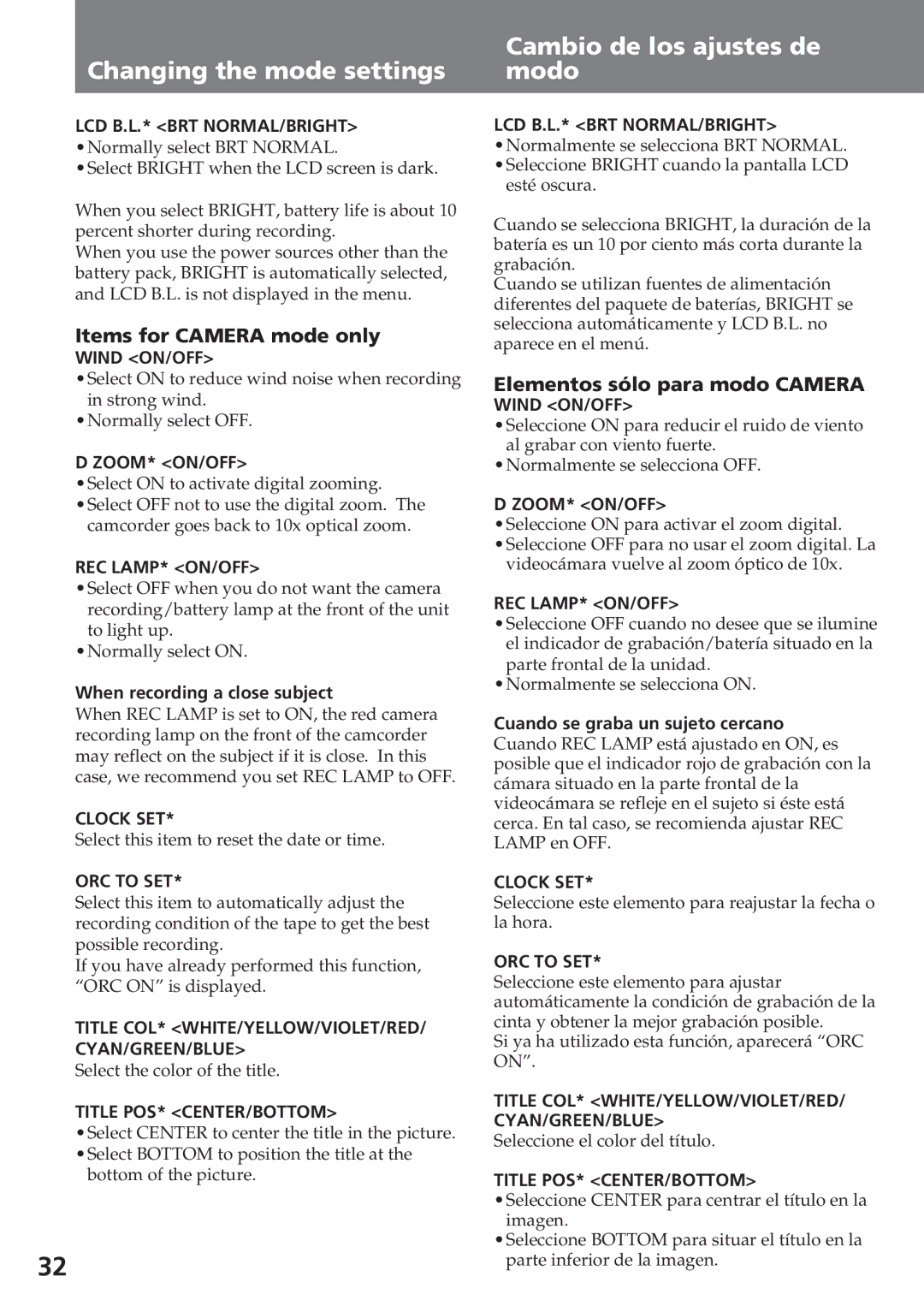 Sony CCD-SC55 operating instructions Changing the mode settings, Cambio de los ajustes de modo, Items for Camera mode only 