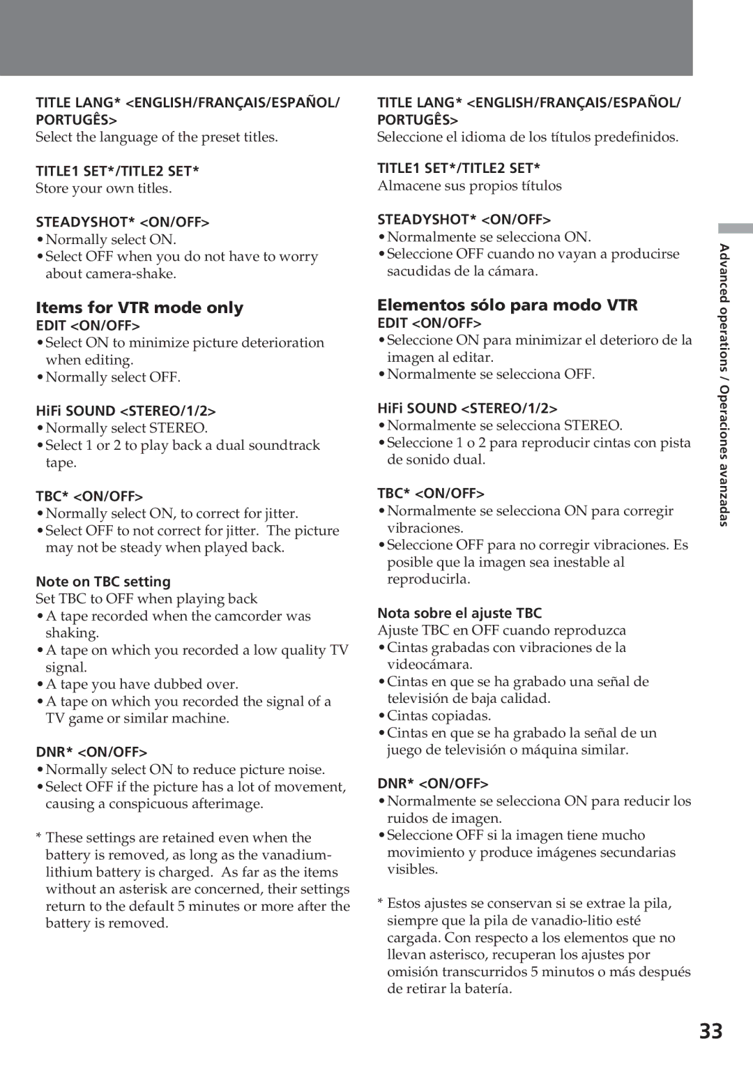 Sony CCD-SC55 operating instructions Items for VTR mode only, Elementos sólo para modo VTR 