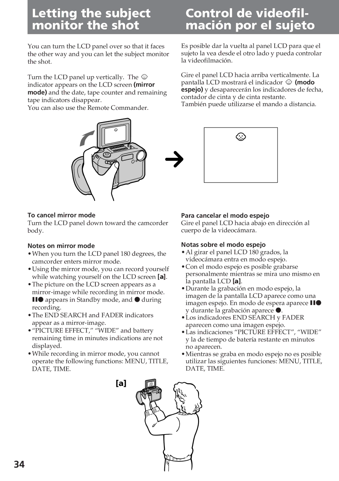 Sony CCD-SC55 operating instructions To cancel mirror mode, Para cancelar el modo espejo, Notas sobre el modo espejo 