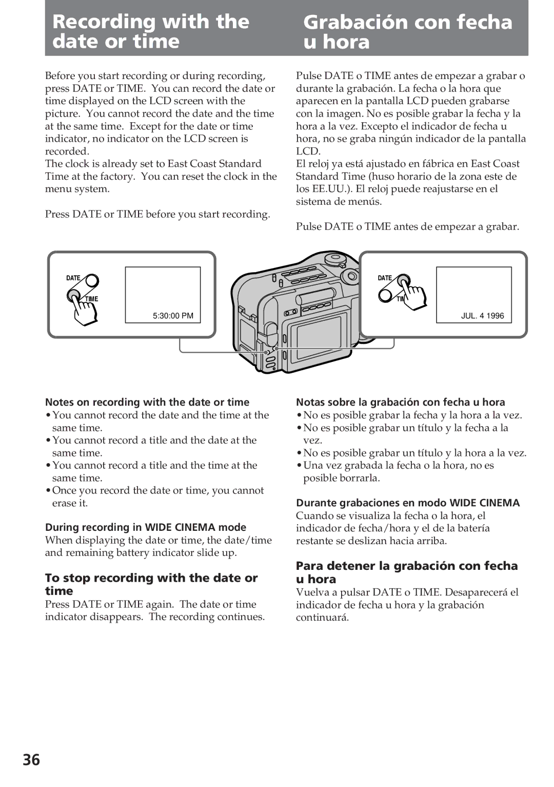 Sony CCD-SC55 Recording with Grabación con fecha Date or time Hora, To stop recording with the date or time 