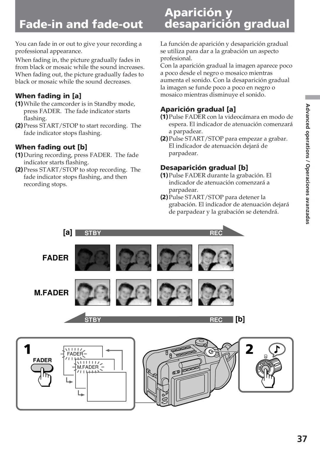 Sony CCD-SC55 operating instructions Fade-in and fade-out, Aparición y desaparición gradual 