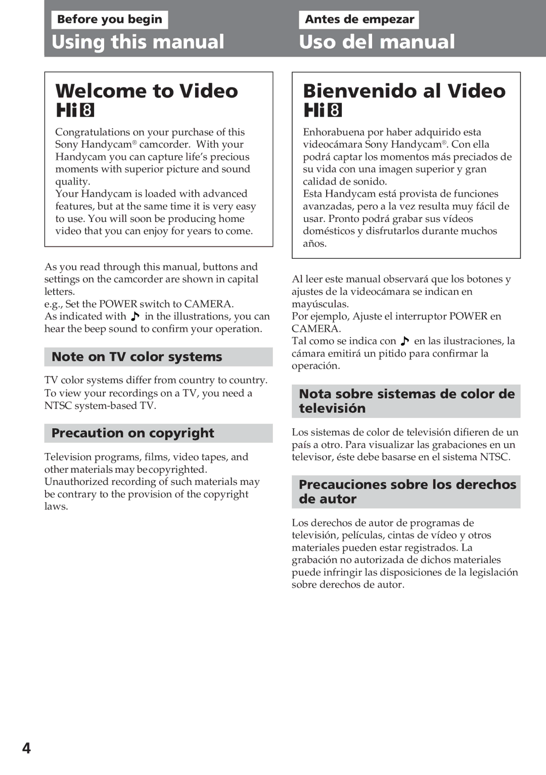 Sony CCD-SC55 Using this manual, Uso del manual, Precaution on copyright, Nota sobre sistemas de color de Televisión 