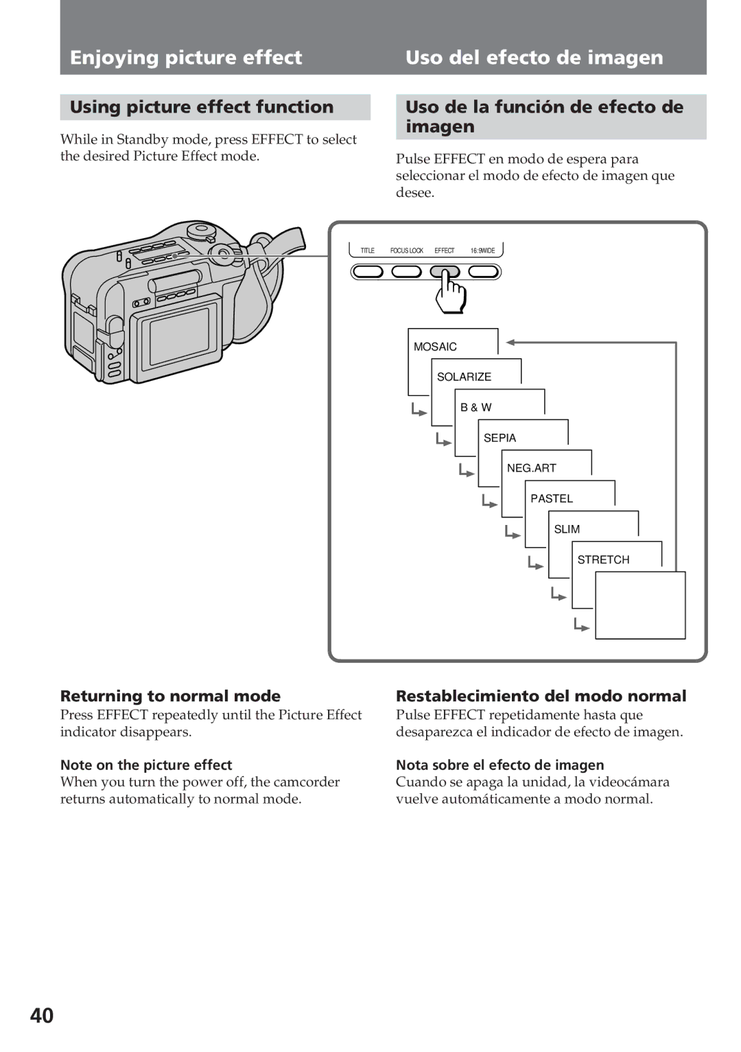 Sony CCD-SC55 operating instructions Enjoying picture effect, Uso del efecto de imagen, Using picture effect function 