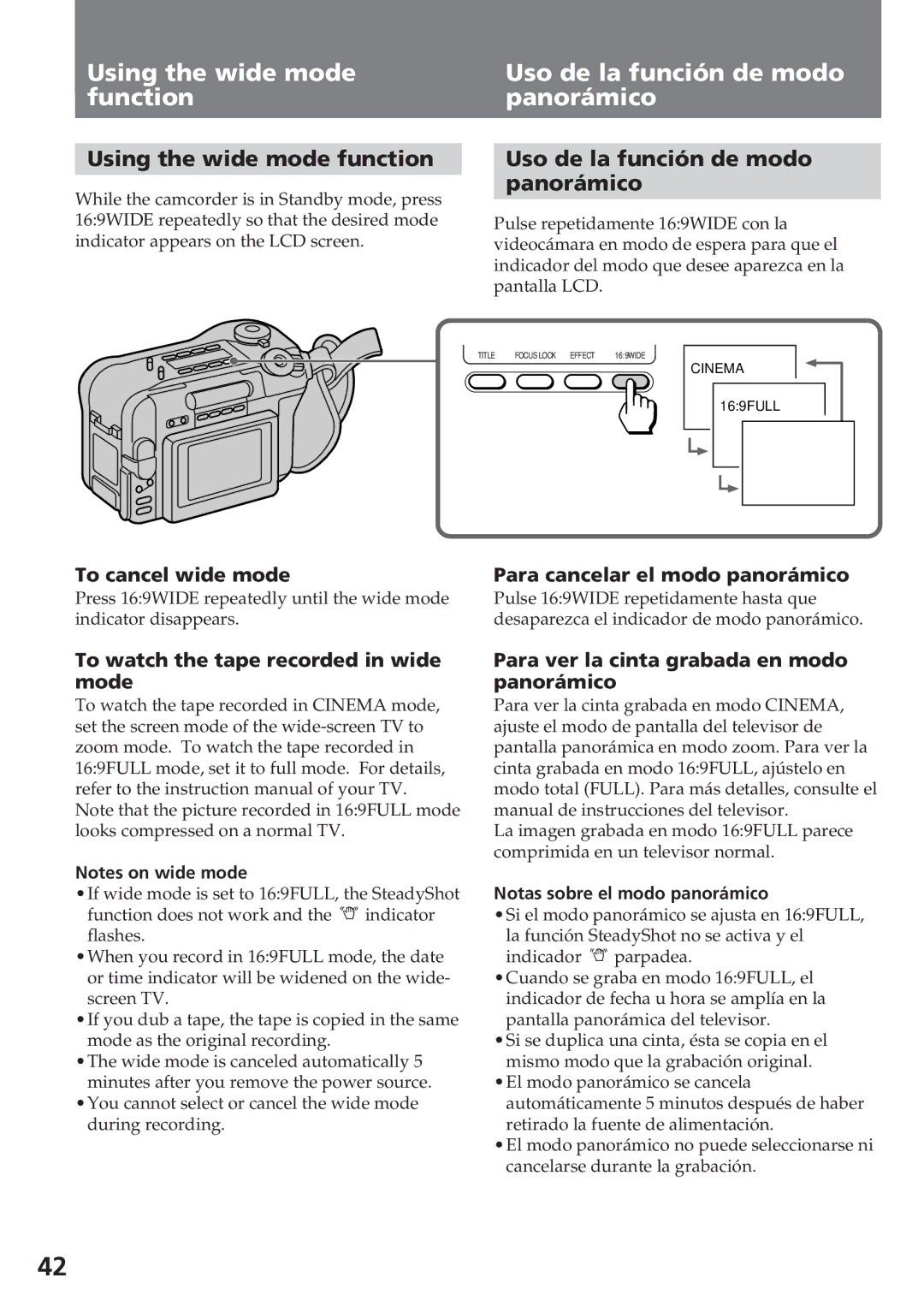 Sony CCD-SC55 operating instructions Using the wide mode function, Uso de la función de modo Panorámico 