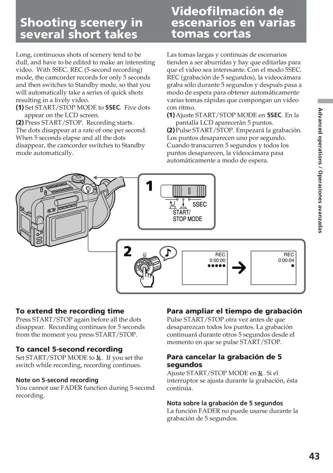 Sony CCD-SC55 To extend the recording time, To cancel 5-second recording, Para ampliar el tiempo de grabación 