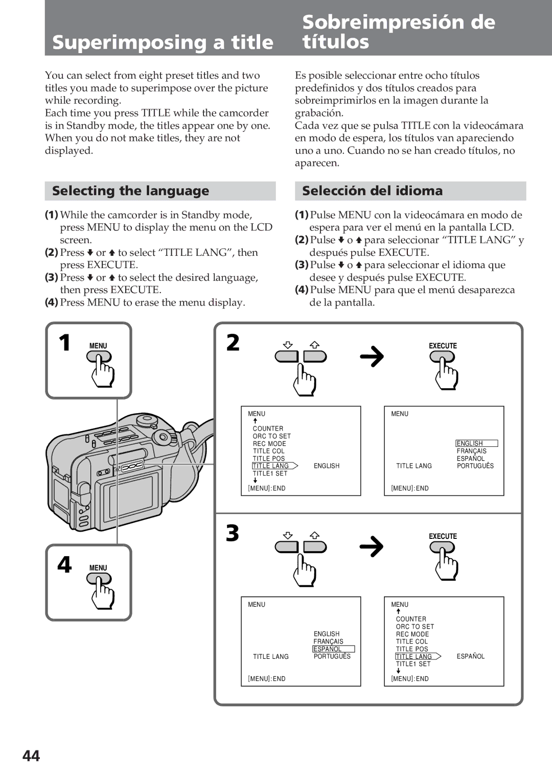 Sony CCD-SC55 Sobreimpresión de Superimposing a title títulos, Selecting the language Selección del idioma 