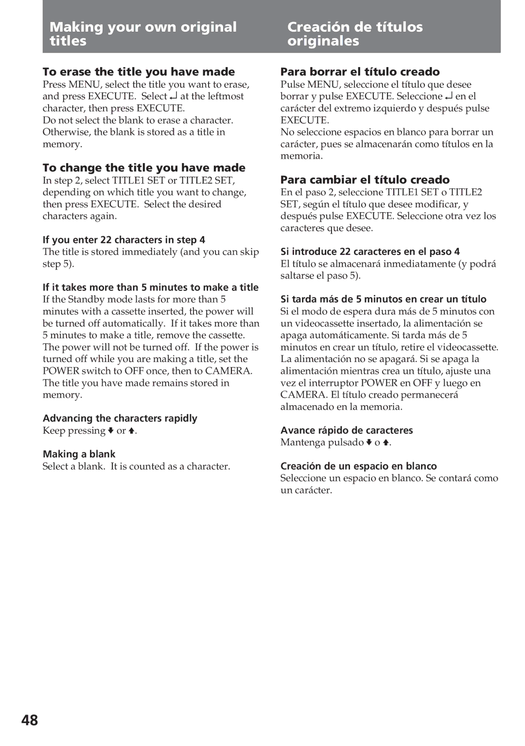 Sony CCD-SC55 operating instructions Making your own original titles, Creación de títulos originales 