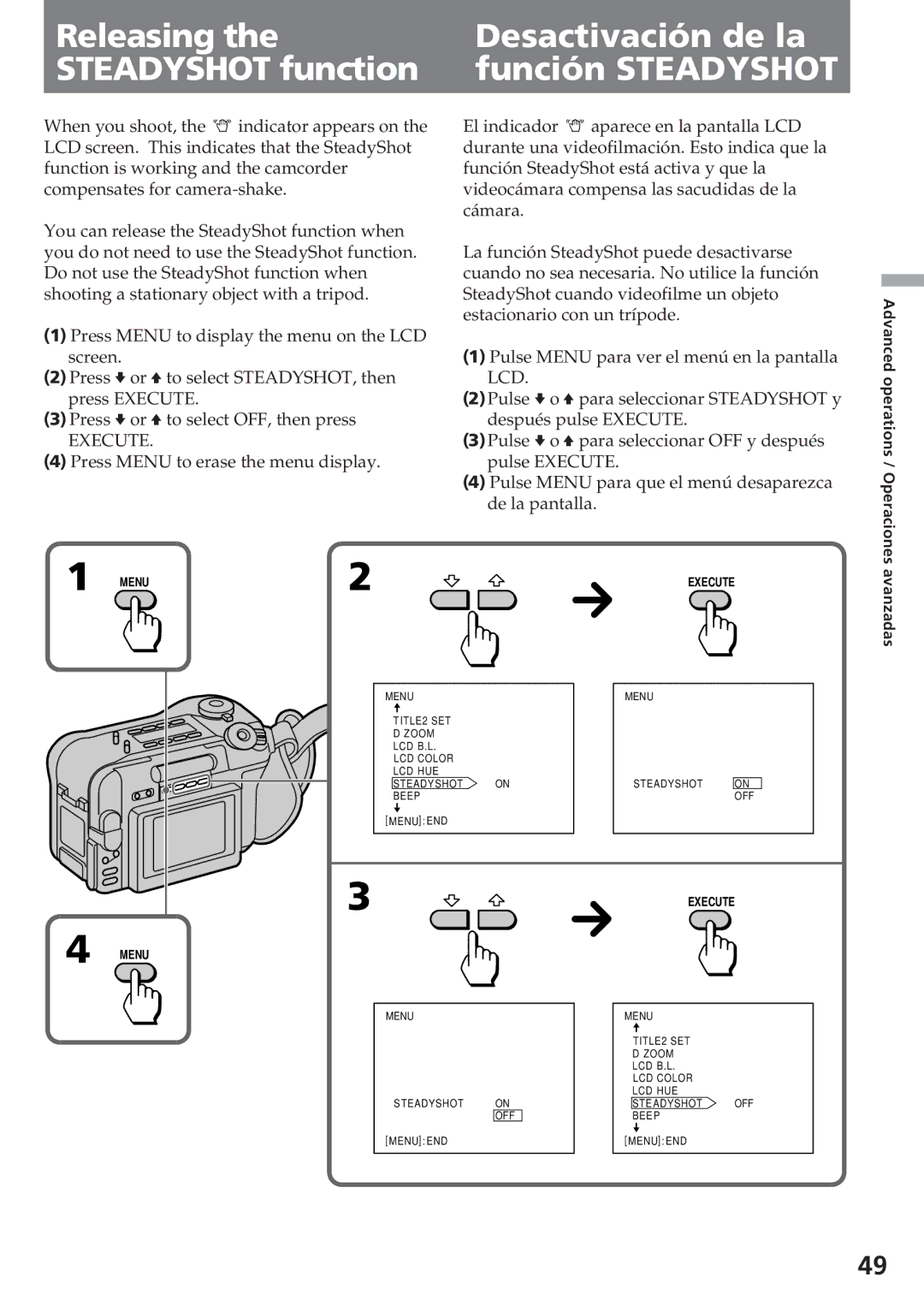 Sony CCD-SC55 operating instructions Menu Steadyshot on OFF Menu END 