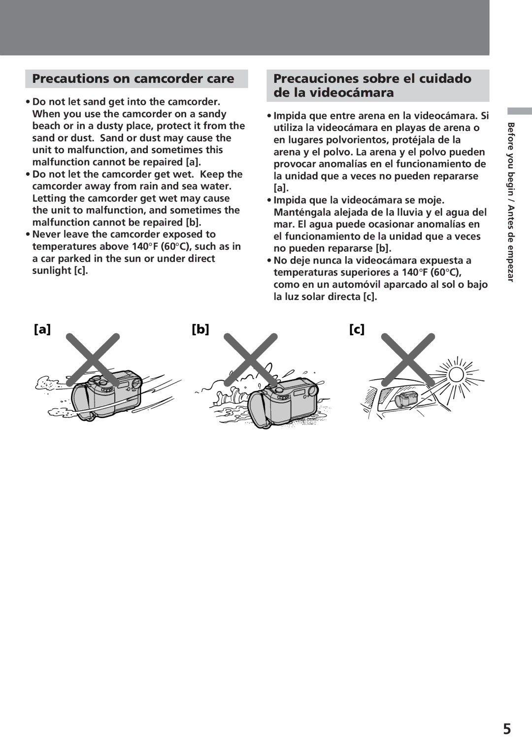 Sony CCD-SC55 operating instructions Precautions on camcorder care, Precauciones sobre el cuidado De la videocámara 