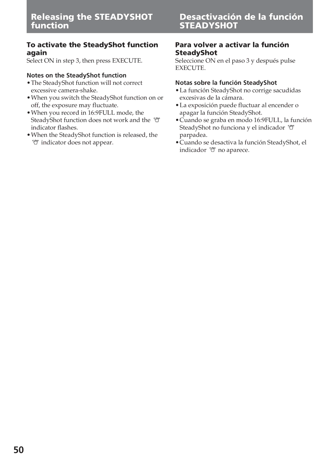 Sony CCD-SC55 operating instructions Steadyshot, Notas sobre la función SteadyShot 