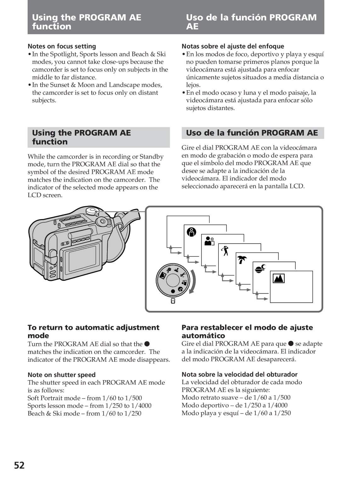 Sony CCD-SC55 operating instructions Using the Program AE Uso de la función Program Function, Using the Program AE Function 