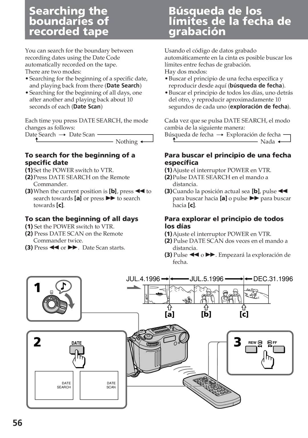 Sony CCD-SC55 Searching the boundaries of recorded tape, Búsqueda de los límites de la fecha de grabación, Los días 