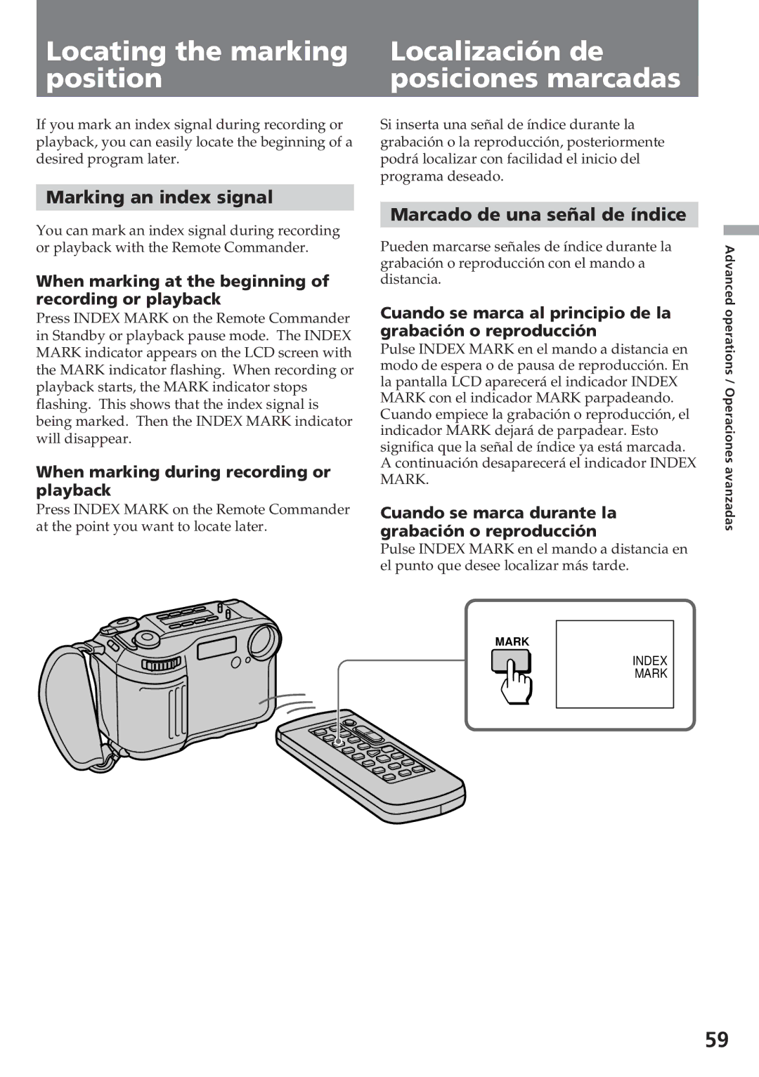 Sony CCD-SC55 operating instructions Marking an index signal, Marcado de una señal de índice 