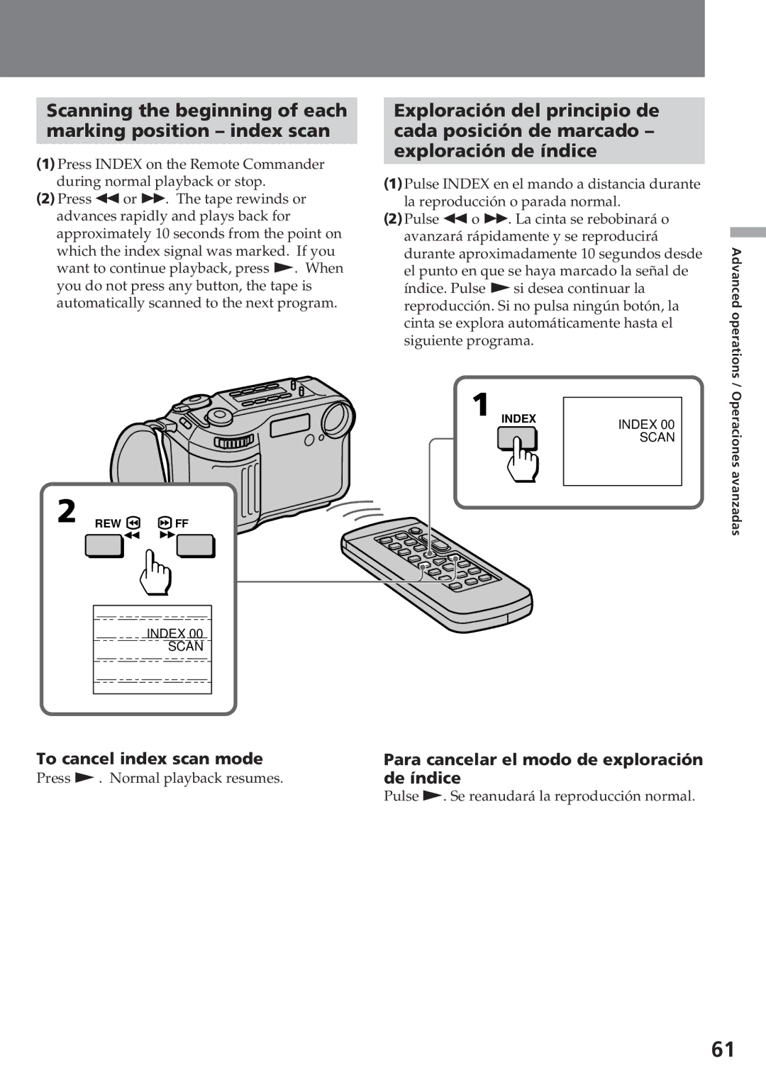 Sony CCD-SC55 operating instructions Scanning the beginning of each Marking position index scan, De índice 