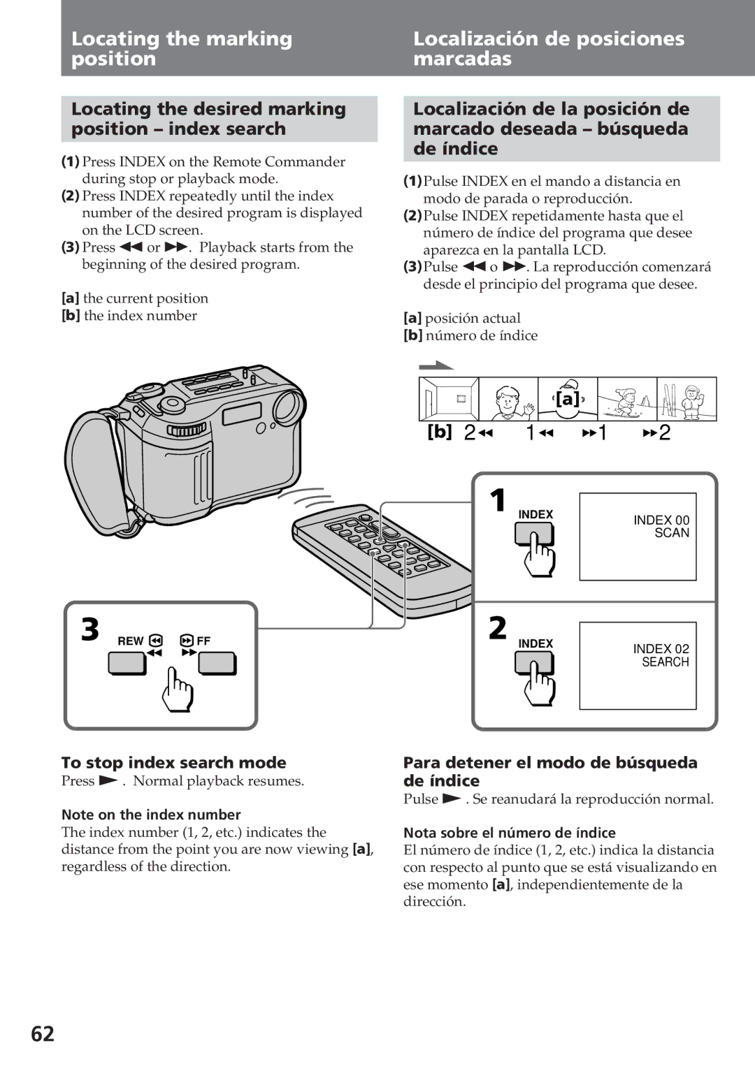 Sony CCD-SC55 Locating the marking position, Localización de posiciones marcadas, To stop index search mode 