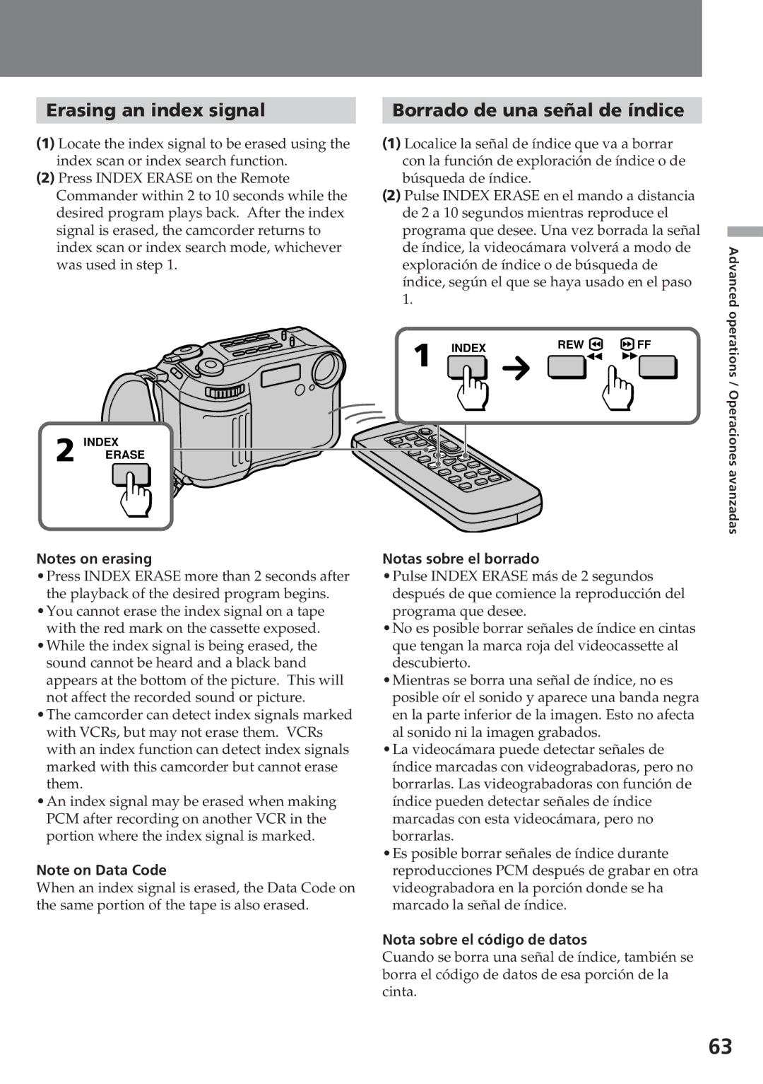 Sony CCD-SC55 operating instructions Erasing an index signal, Borrado de una señal de índice, Notas sobre el borrado 