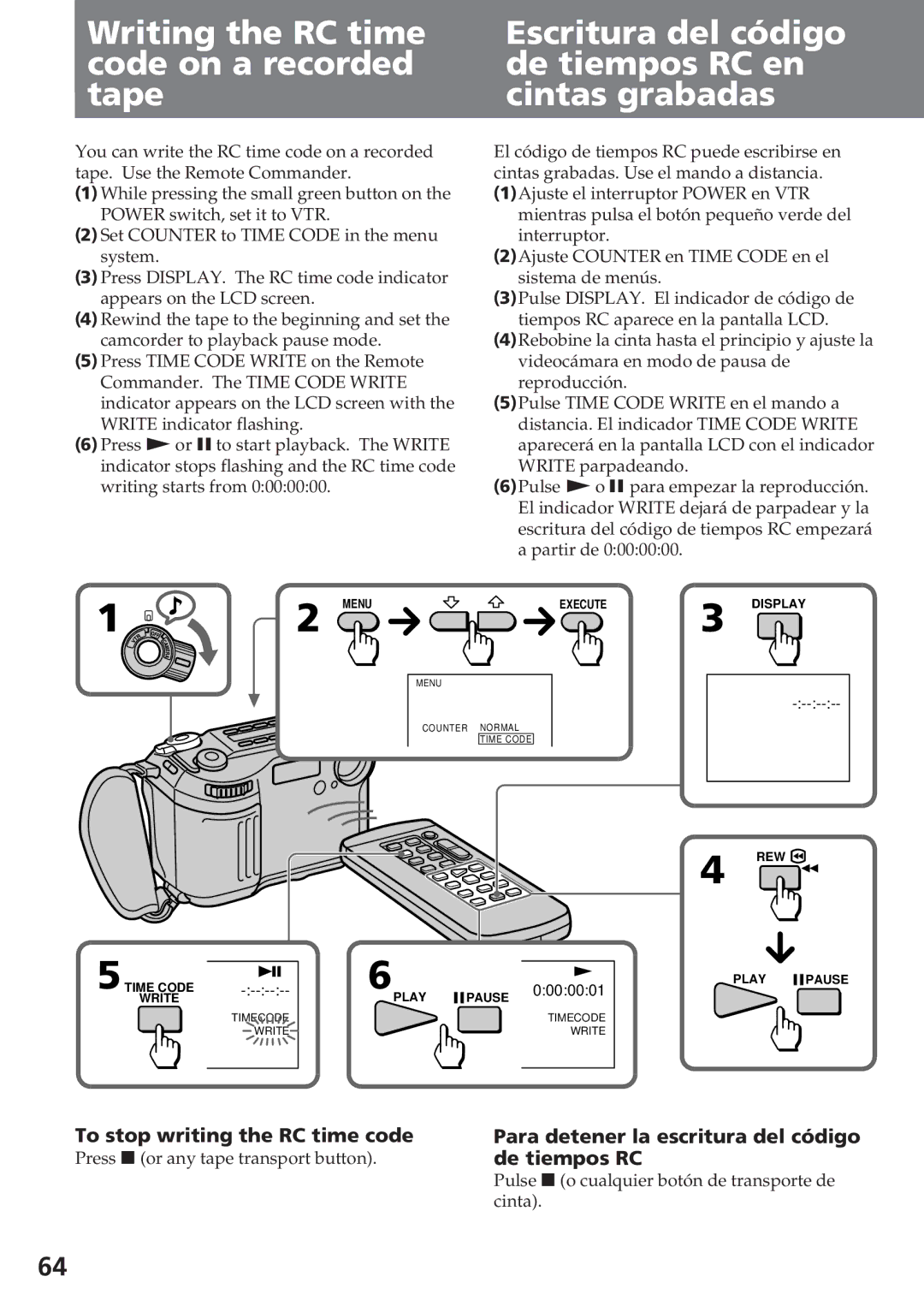 Sony CCD-SC55 Writing the RC time code on a recorded tape, Escritura del código de tiempos RC en cintas grabadas 