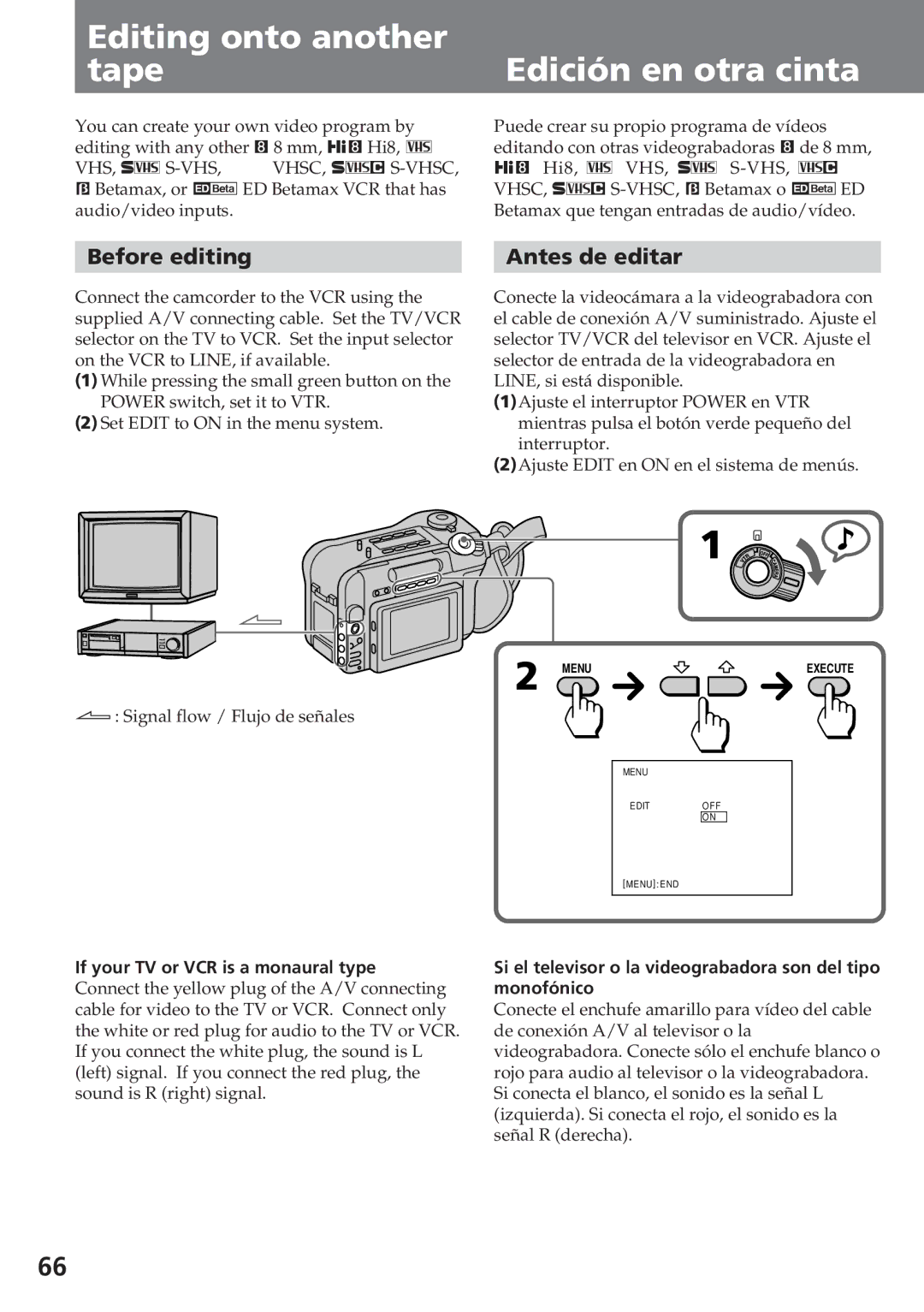 Sony CCD-SC55 operating instructions Editing onto another Tape Edición en otra cinta, Before editing, Antes de editar 