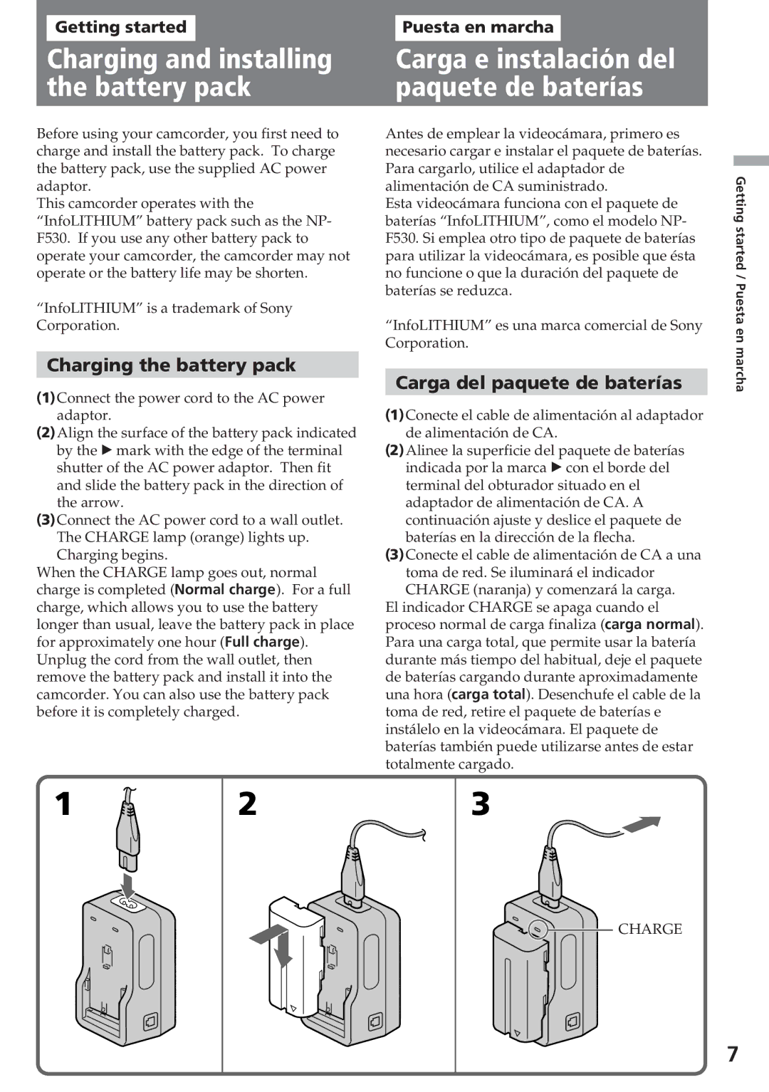 Sony CCD-SC55 operating instructions Charging the battery pack, Carga del paquete de baterías 