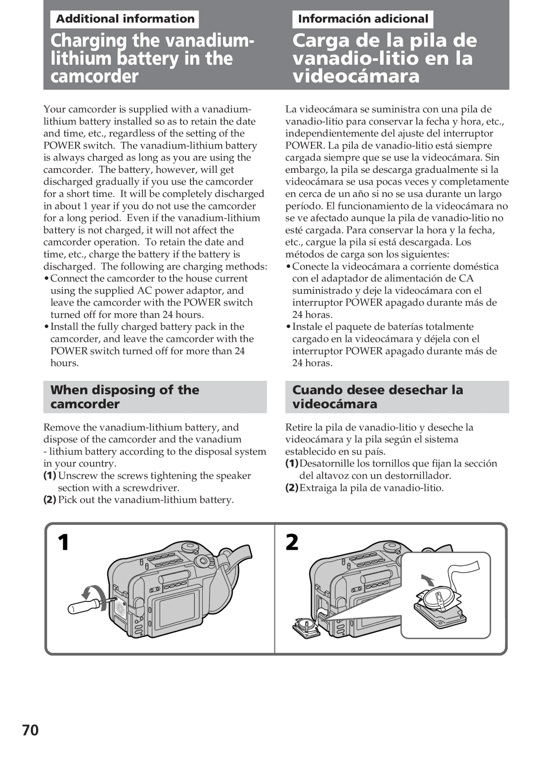 Sony CCD-SC55 operating instructions When disposing Camcorder, Cuando desee desechar la Videocámara 