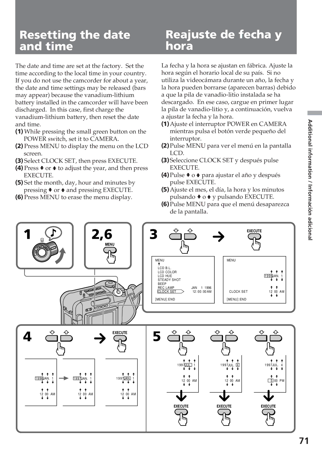 Sony CCD-SC55 operating instructions Resetting the date and time, Reajuste de fecha y hora 