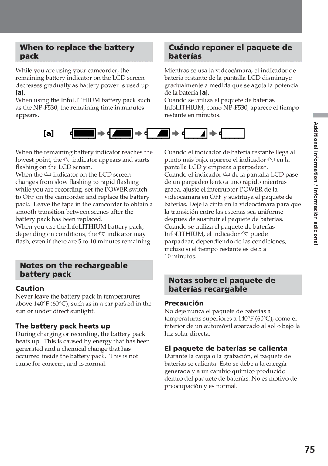 Sony CCD-SC55 operating instructions When to replace the battery Pack, Cuándo reponer el paquete de Baterías, Battery pack 