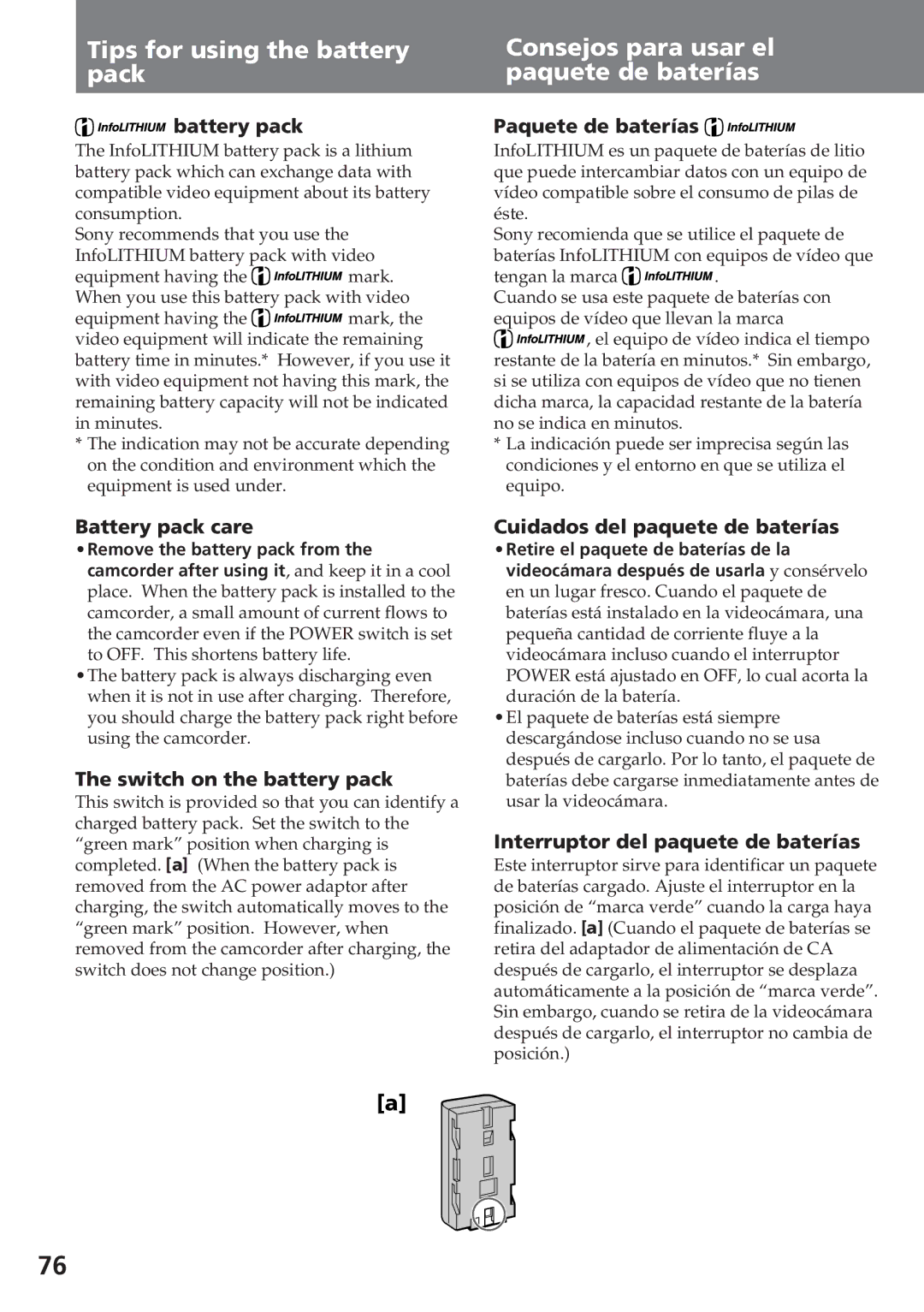 Sony CCD-SC55 Paquete de baterías, Battery pack care, Switch on the battery pack, Cuidados del paquete de baterías 