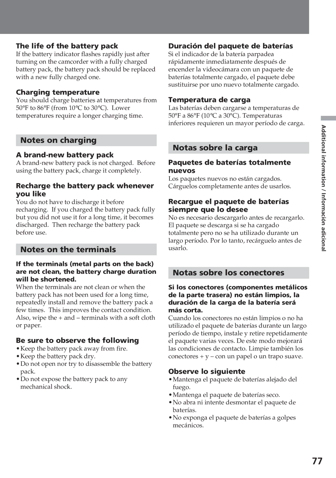 Sony CCD-SC55 operating instructions Notas sobre la carga, Notas sobre los conectores 