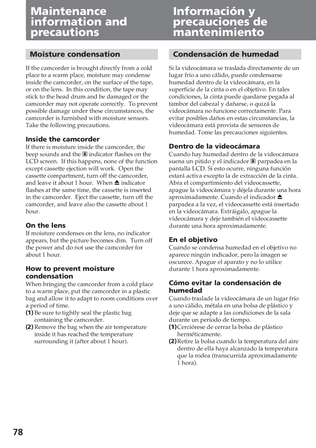 Sony CCD-SC55 Inside the camcorder, On the lens, How to prevent moisture condensation, Dentro de la videocámara 