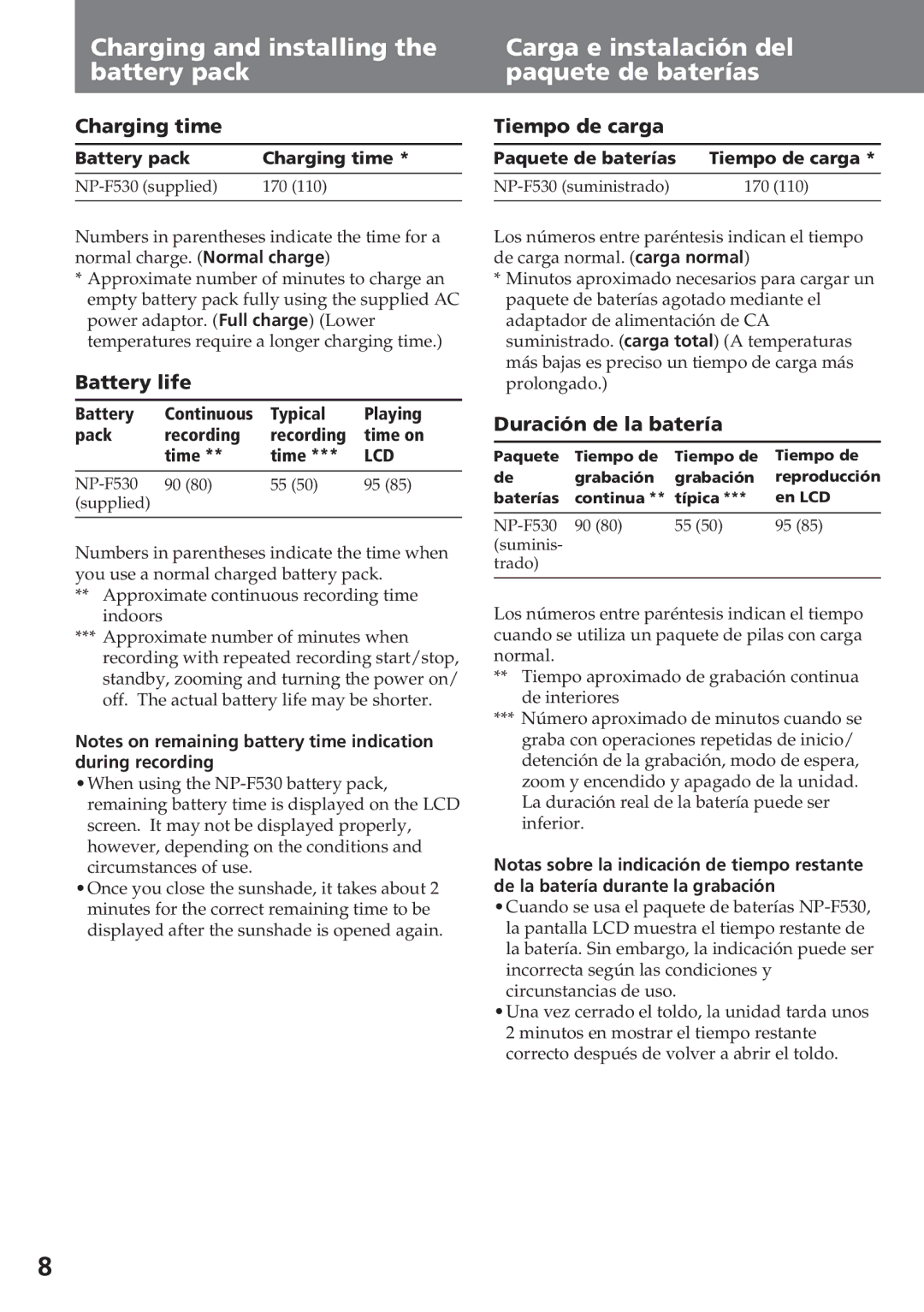 Sony CCD-SC55 operating instructions Charging and installing the battery pack, Carga e instalación del paquete de baterías 