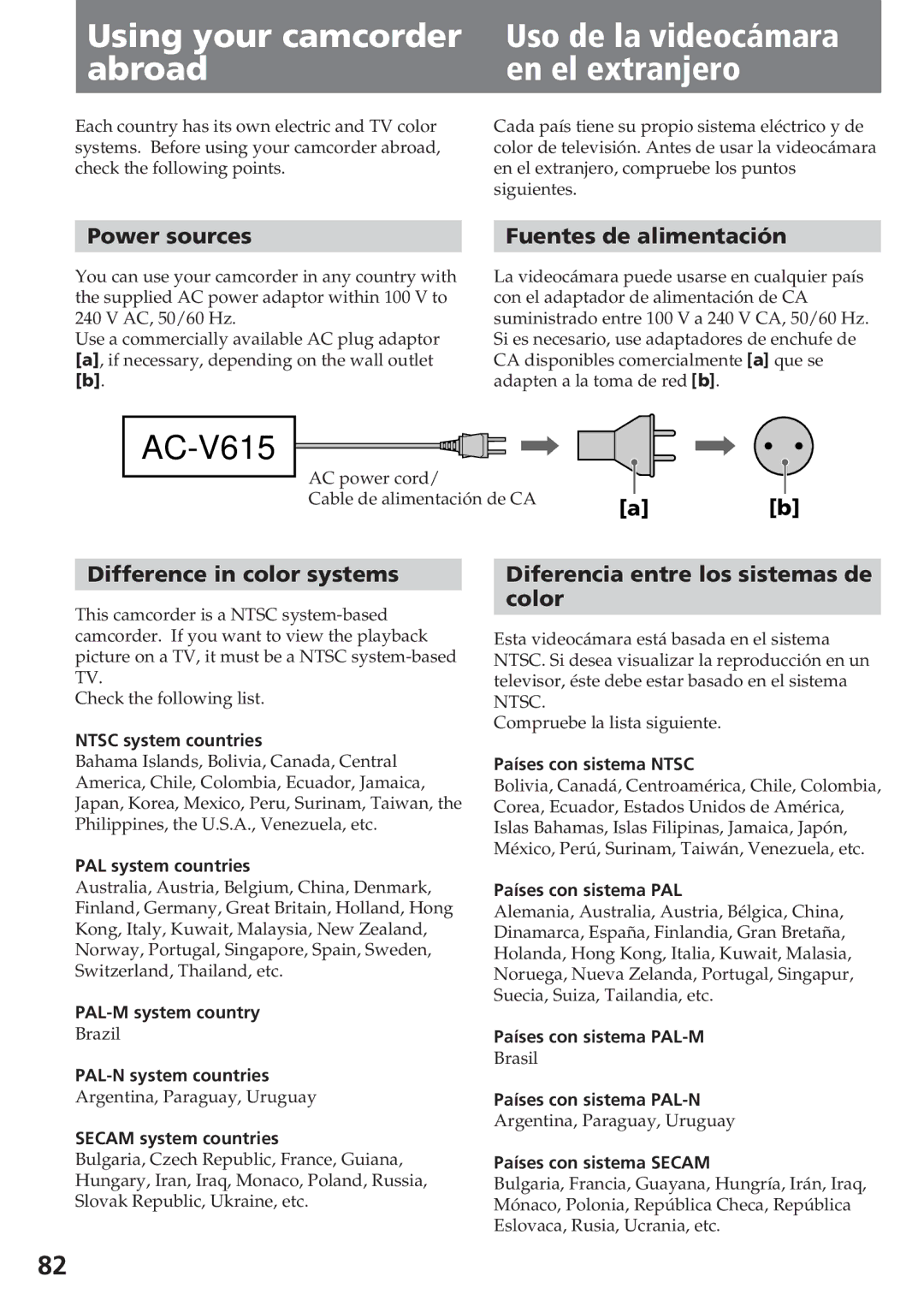 Sony CCD-SC55 Power sources Fuentes de alimentación, Difference in color systems, Diferencia entre los sistemas de Color 