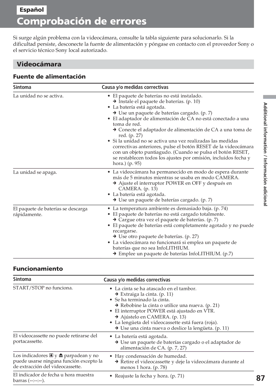 Sony CCD-SC55 operating instructions Comprobación de errores, Español, Fuente de alimentación, Funcionamiento 