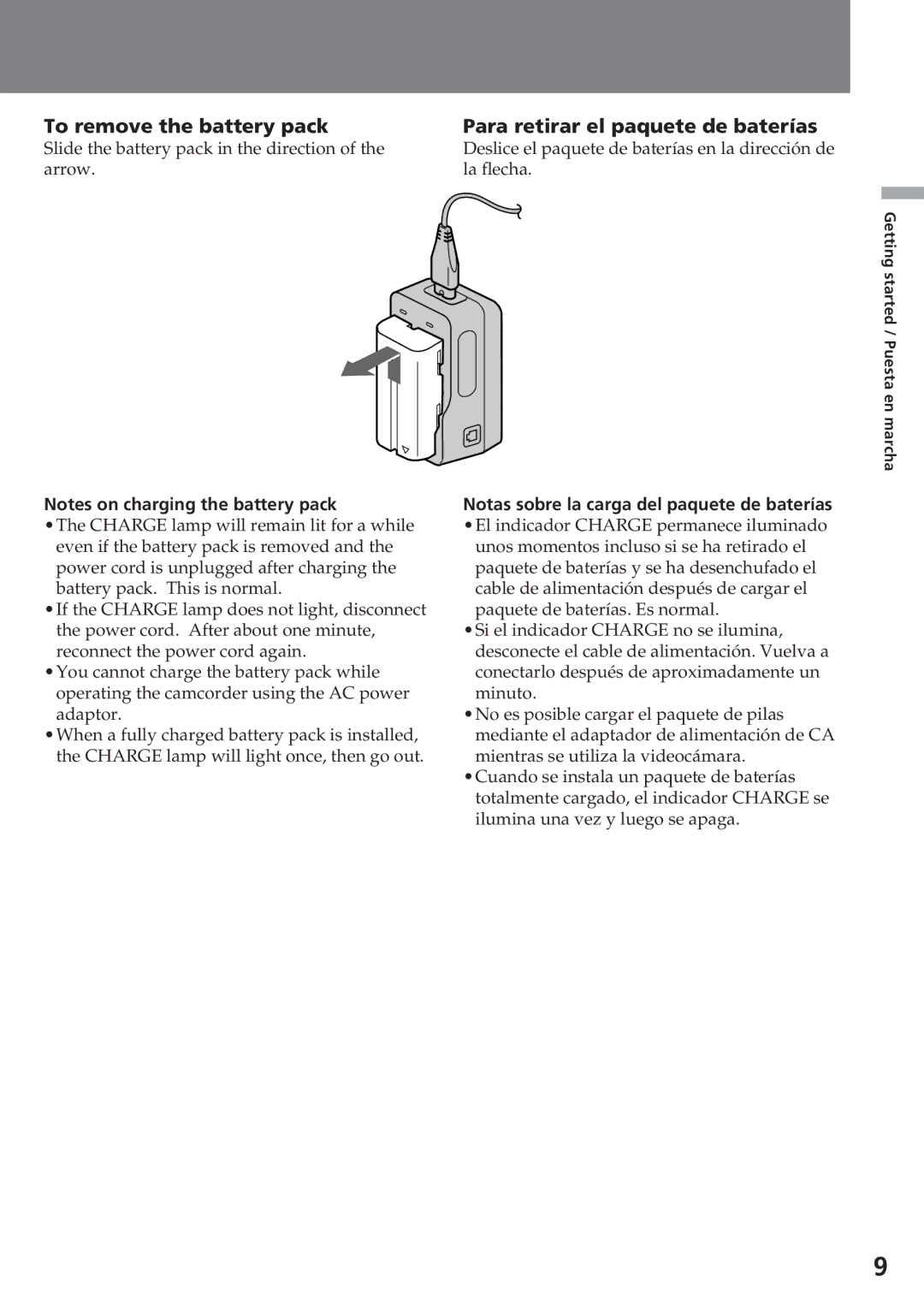 Sony CCD-SC55 operating instructions To remove the battery pack, Para retirar el paquete de baterías 