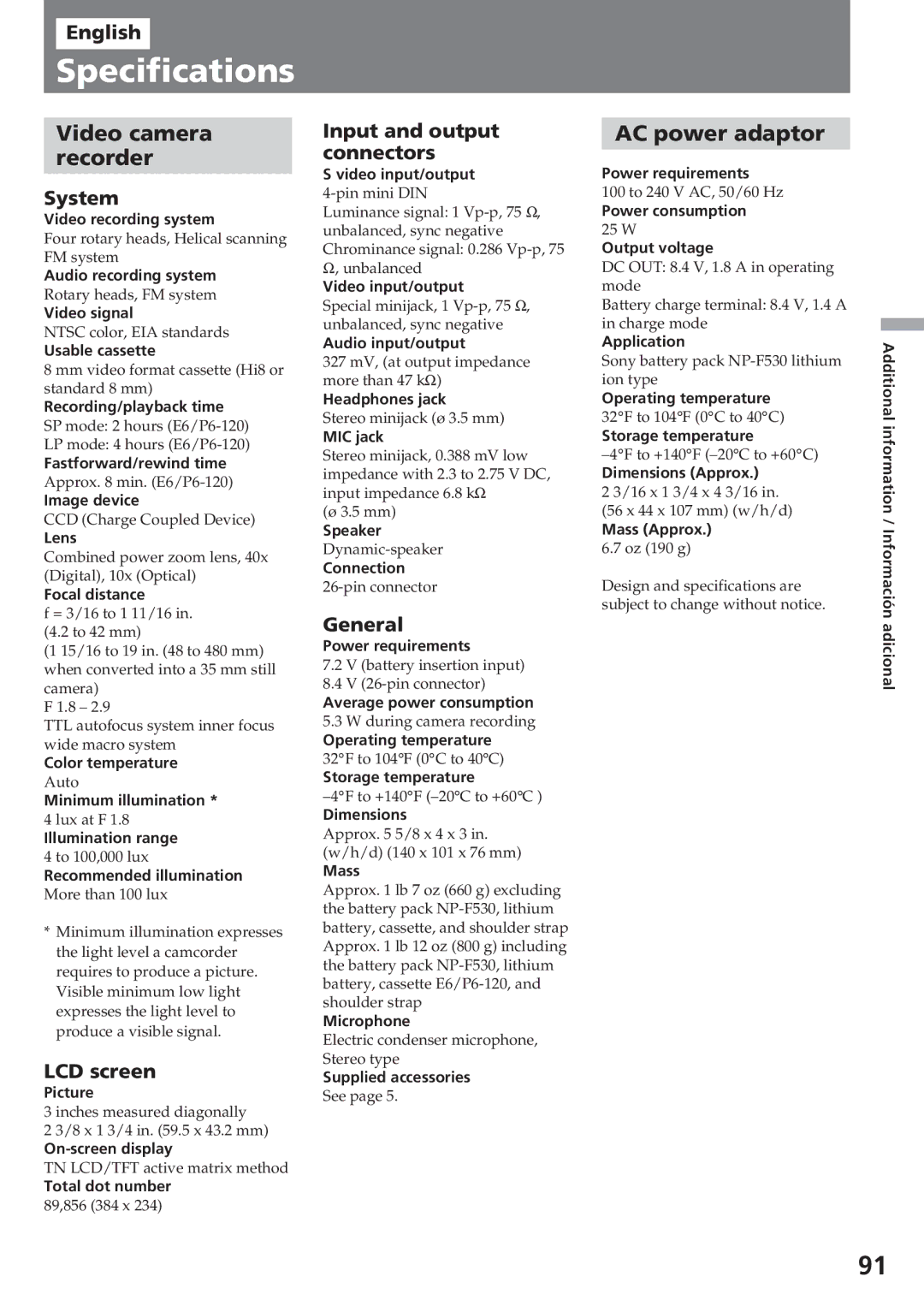 Sony CCD-SC55 operating instructions Specifications, Video camera Recorder 