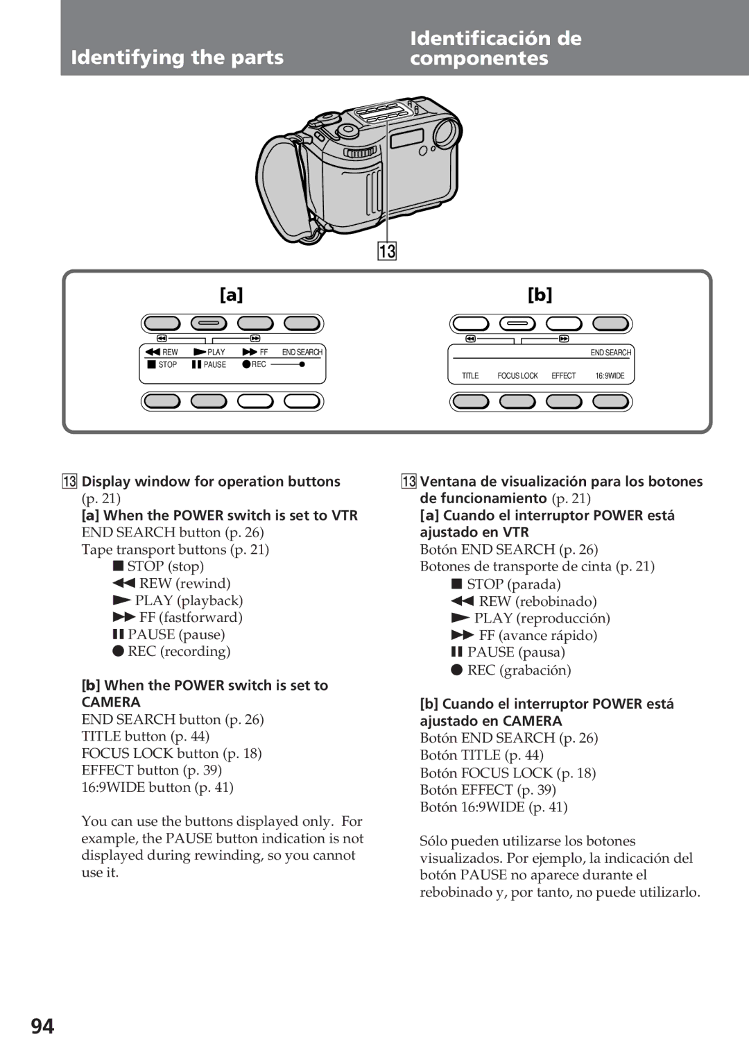 Sony CCD-SC55 operating instructions Identifying the parts Identificación de Componentes, When the Power switch is set to 