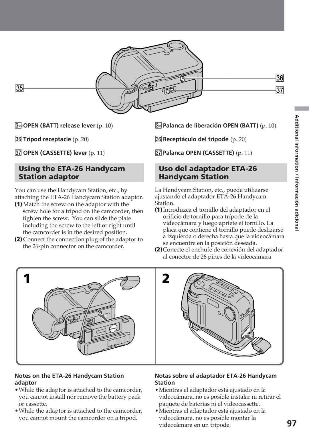 Sony CCD-SC55 operating instructions Using the ETA-26 Handycam Station adaptor, Uso del adaptador ETA-26 Handycam Station 