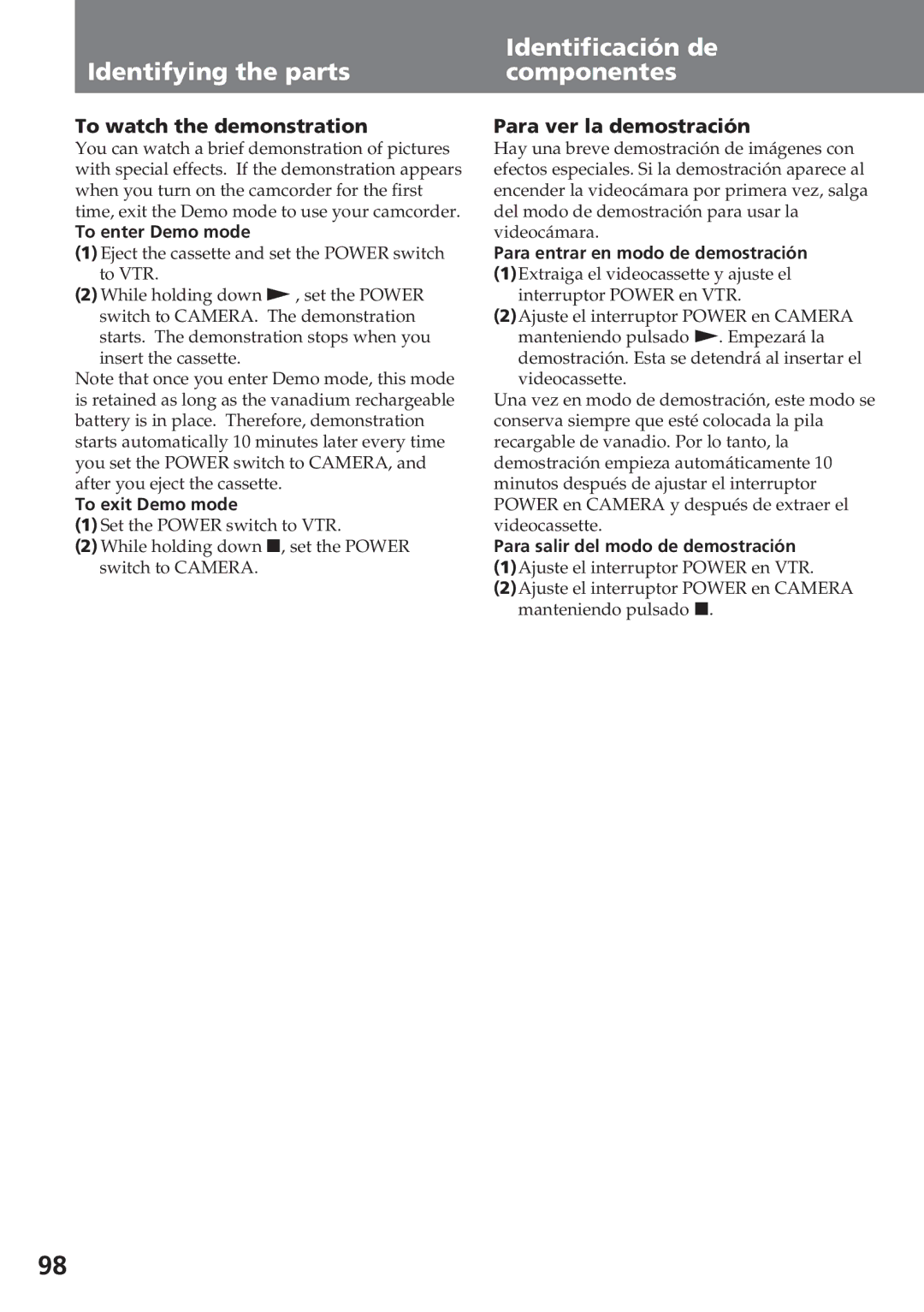 Sony CCD-SC55 To watch the demonstration, Para ver la demostración, To enter Demo mode, To exit Demo mode 