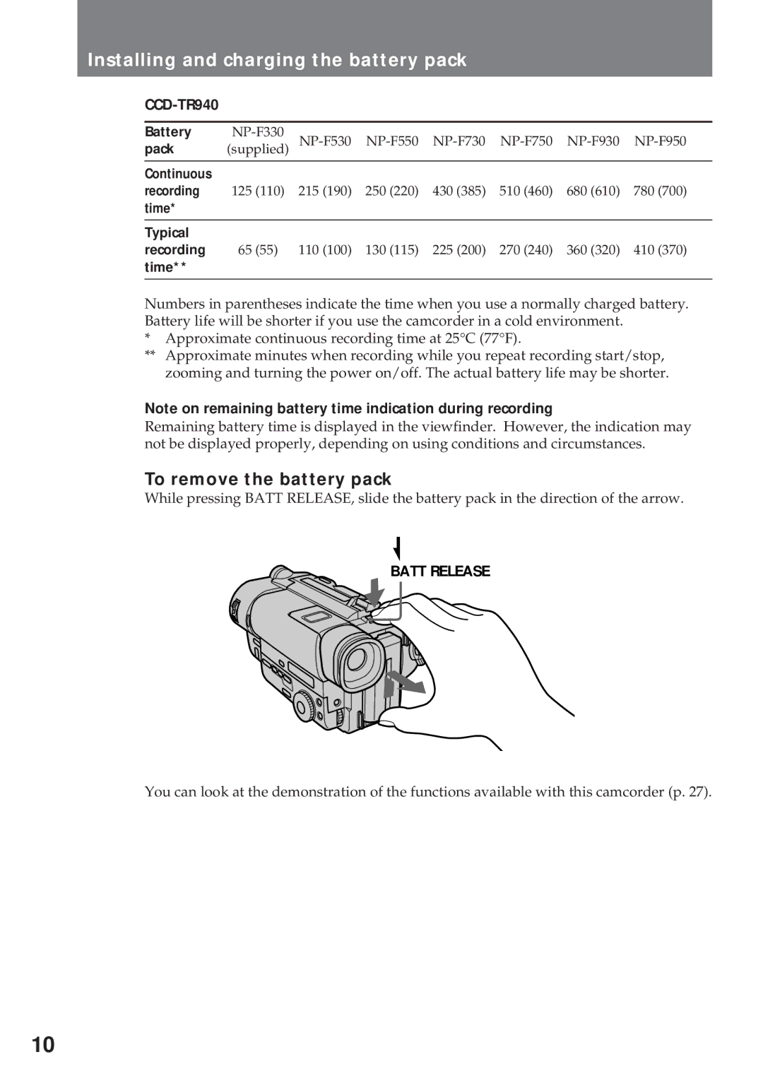 Sony CCD-TR311 operating instructions To remove the battery pack 