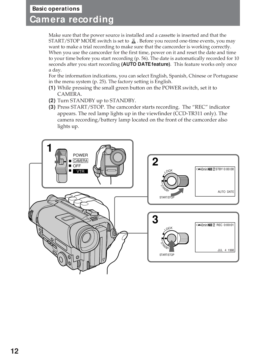 Sony CCD-TR311 operating instructions Camera recording 